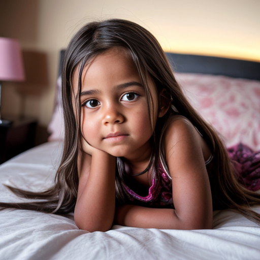 sudanese little girl, long brunette hair, night dress, on the bedroom, close up