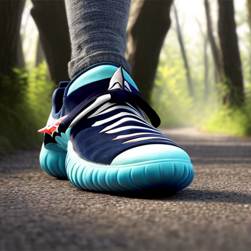 Make a shark with blue shoes on runing away into the woods fast