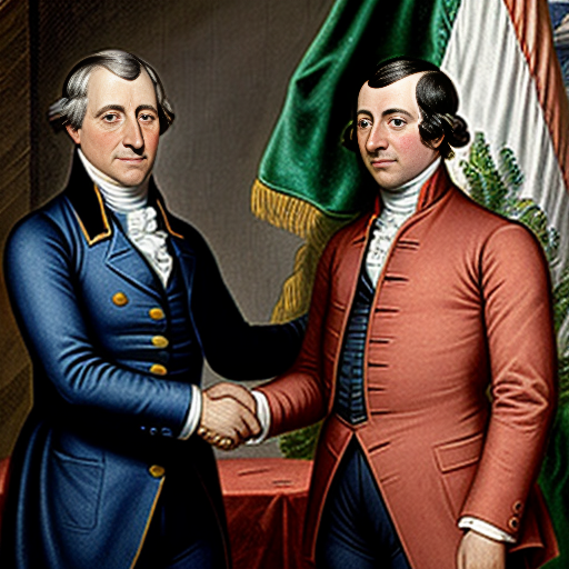 James Monroe (the 5th president of the United States of America) and Agustin de Iturbide (the Emperor/Head of State of the United Mexican States) Shake their hands as "Friends" with the United States flag from 1822 and the First Mexican Empire flag from 1822