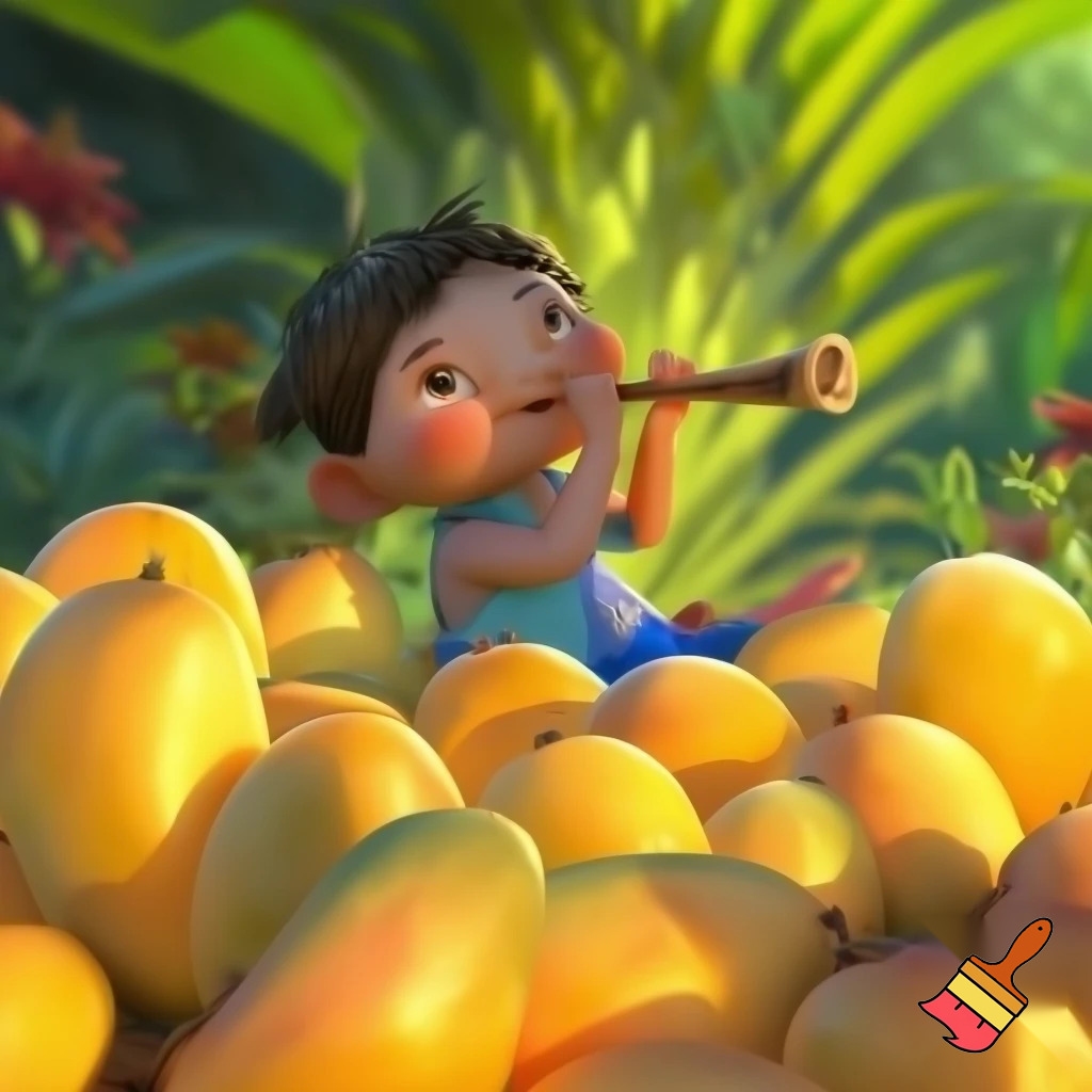 67 mangos
 and a kid playing a flute with his nose