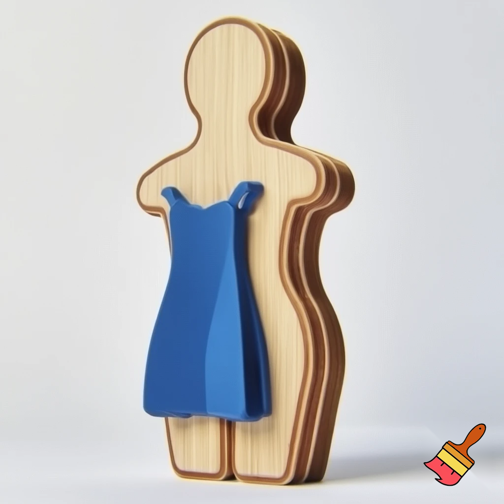 flat woman figure 6 mm cut out of wood with  flat pieces of clothes 3D printed out of plastic attached with help of magnets from both sides so it sits like real clothes