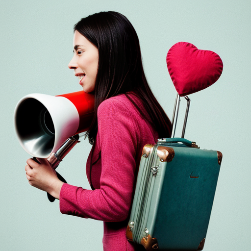 Mujer con maleta, megafono y un corazon floreciendo