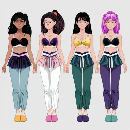 90's Disney style comic with dark blue background with six panel grids showing 
Panel 1 the black haired ponytail woman with ,dark purple skin ,purple and yellow spotted harem pants,and bra and purple sash and yellow vest and purple curved slippers. 
Panel 2 the black haired ponytail woman with white skin,black and white striped harem pants,black and white bra and black sash and black vest and white curved slippers. 
Panel 3 the black haired ponytail woman with blue skin, light and dark blue striped harem pants, light blue bra and dark blue sash and dark blue vest and light blue curved slippers . 
Panel 4 the black haired ponytail woman with green skin, light and dark green harem pants, light green bra and dark green sash and dark green vest and light green curved slippers. 
Panel 5 the black haired ponytail woman with dark pink skin, pink harem pants, pink bra and pink sash and pink vest and pink curved slippers. 
Panel 6 the black haired ponytail woman with orange and purple striped harem pants, purple bra and orange sash and orange vest and purple curved slippers and all are having their hand palms place together near their chest and swaying their hips