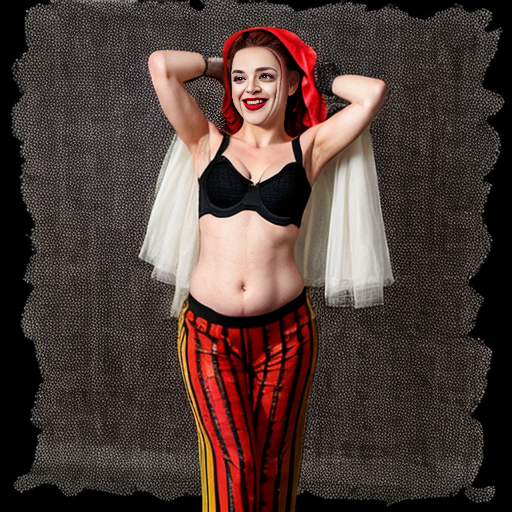 90's disney's 2d aladdin style comic black background and panels of 
panel 1 Harley Quinn with light black and red striped harem pants and bra and black and red curved slippers with both hand palms place together and hiding the bottom of her mouth with a light black and red striped veil wrapped around her arms and shoulders. 
panel 2 she danced with light black and red striped harem pants with light black and red striped bra and red and black curved slippers and with light black and red striped veil wrapped around her arms and shoulders and raising legs and bounced up and down her belly and shook her hips left and right. 
panel 3 as Harley Quinn with light black and red striped harem pants and bra and red and black curved slippers and with red and light black striped veil wrapped around her shoulders and arms and spreading her arms, happily revealing her face to the viewer and giving a smile as she shook her belly left and right. 
Panel 4 Harley Quinn with light black and red striped harem pants and bra and black and red curved slippers and with light black and red striped veil wrapped around her shoulders and arms has started to fading away , except her belly, which is bouncing around and growing. 
Panel 5 then the ball transforms into the fading in belly of Giant red haired giganta barefoot with dark yellow spotted yellow harem pants and bra and dark yellow spotted yellow veil wrapped around her arms and shoulders with her swaying her hips. 
Panel 6 red haired giganta barefoot with dark yellow spotted yellow harem pants and bra and dark yellow spotted yellow veil wrapped around her arms and shoulders then she is flexing her muscled arms.