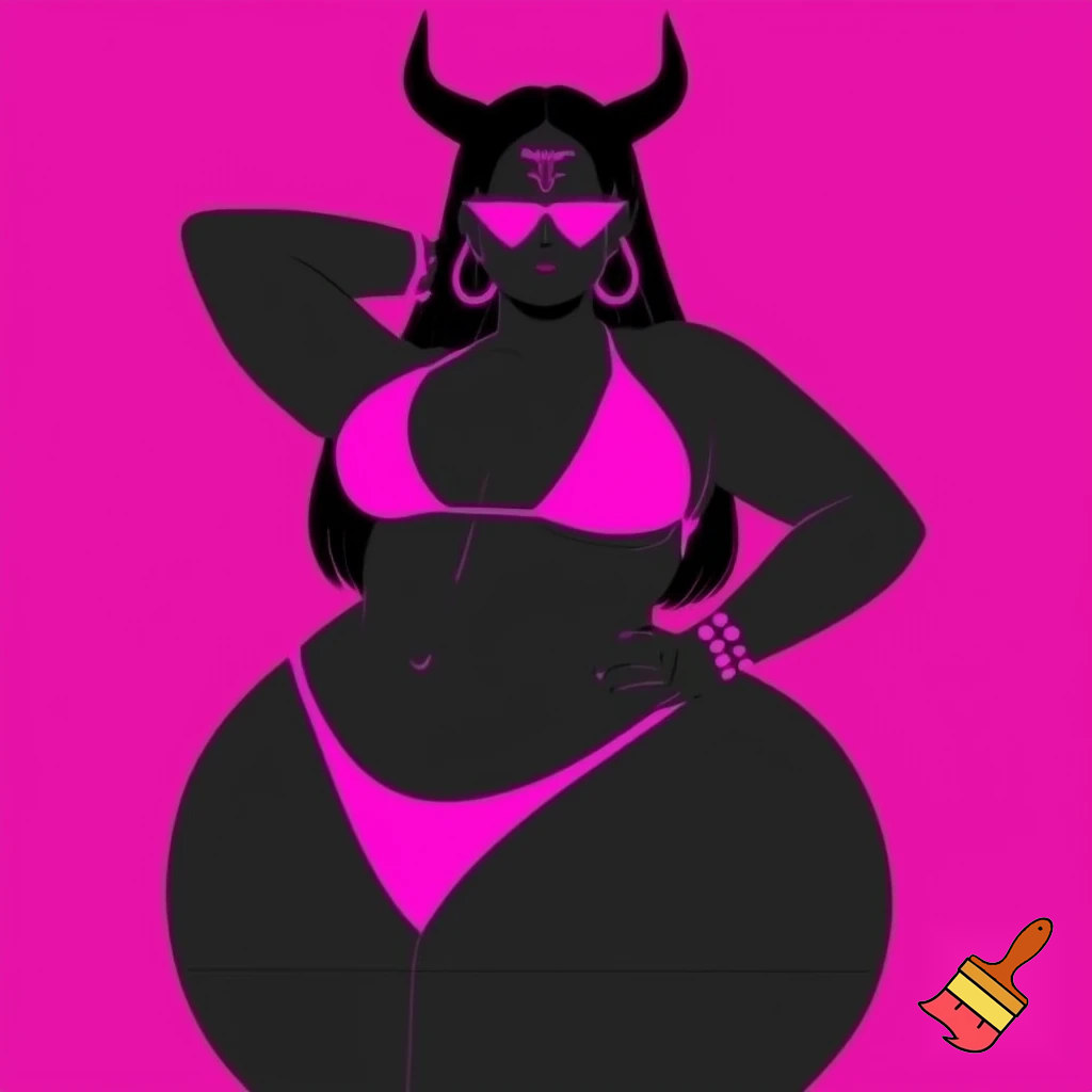 The image is a stylized illustration featuring a dark-skinned, possibly demonic or horned character, posing confidently against a vibrant hot pink background. The character has long, flowing dark hair and prominent horns that curve upwards from their head. Their eyes are obscured by a pair of sleek, triangular hot pink sunglasses.
They are depicted wearing a minimal hot pink bikini, consisting of a triangle top and a high-cut thong bottom. A distinctive symbol, resembling a trident or a stylized "psi" symbol, is visible on their forehead, also in hot pink. The character is adorned with large hoop earrings and a bracelet on their left wrist, all in matching hot pink.
Their body language suggests confidence, with one arm raised and bent behind their head, and the other hand resting on their hip. The overall style is bold and graphic, using strong outlines and a limited color palette of black and hot pink, creating a high-contrast and striking visual. Large gigantic penis.