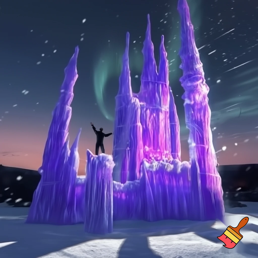 a giant purple castle made of ice rising from the snowy ground, above it, a silloughete of a boy with his hands, and his eyes glowing