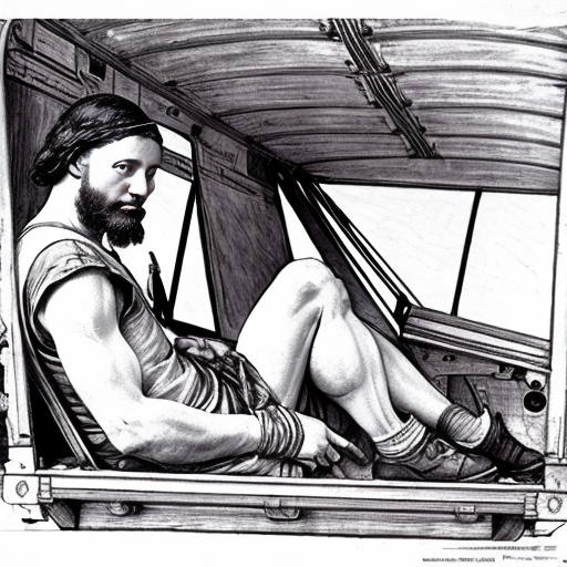 Make a sketch of Leonardo da vinci leaning on the wright brothers airplane
