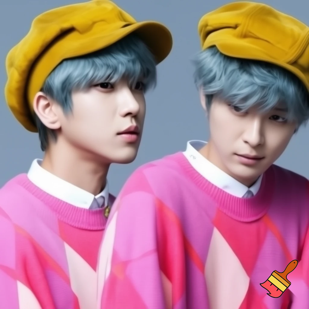 A young man with fluffy, short, blue-gray or turquoise hair and pale skin. Looks to be 24, he wears stylish yellow newsboy cap and pink argyle oversized sweater. 