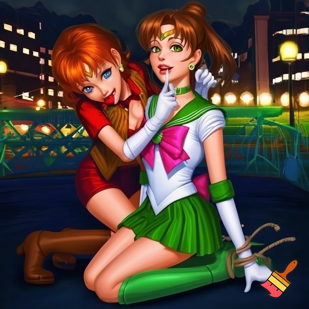 masterpiece, best quality, 2girls, female on female, 1girl, woman, Carol (didnapper), red hair, short hair, brown eyes, medium breasts, red shirt, exposed collarbone, exposed navel, exposed shoulders, brown open vest, brown boots, red shorts, kneeling behind another, smile, putting on gag, over the mouth gag, tying knot, BREAK, 1girl, sailor jupiter, medium hair, brown hair, high ponytail, hair ornament, sidelocks, green eyes, flower earrings, circlet, sailor senshi uniform, magical girl, green choker, green sailor collar, pink bow, white gloves, elbow gloves, green skirt, pleated skirt, pink back bow, green footwear, high heel boots, tied up with rope, bound arms,bound legs, arms tied behind back, hands tied behind back, kneeling, angry,red lips, BREAK, city, night, 
