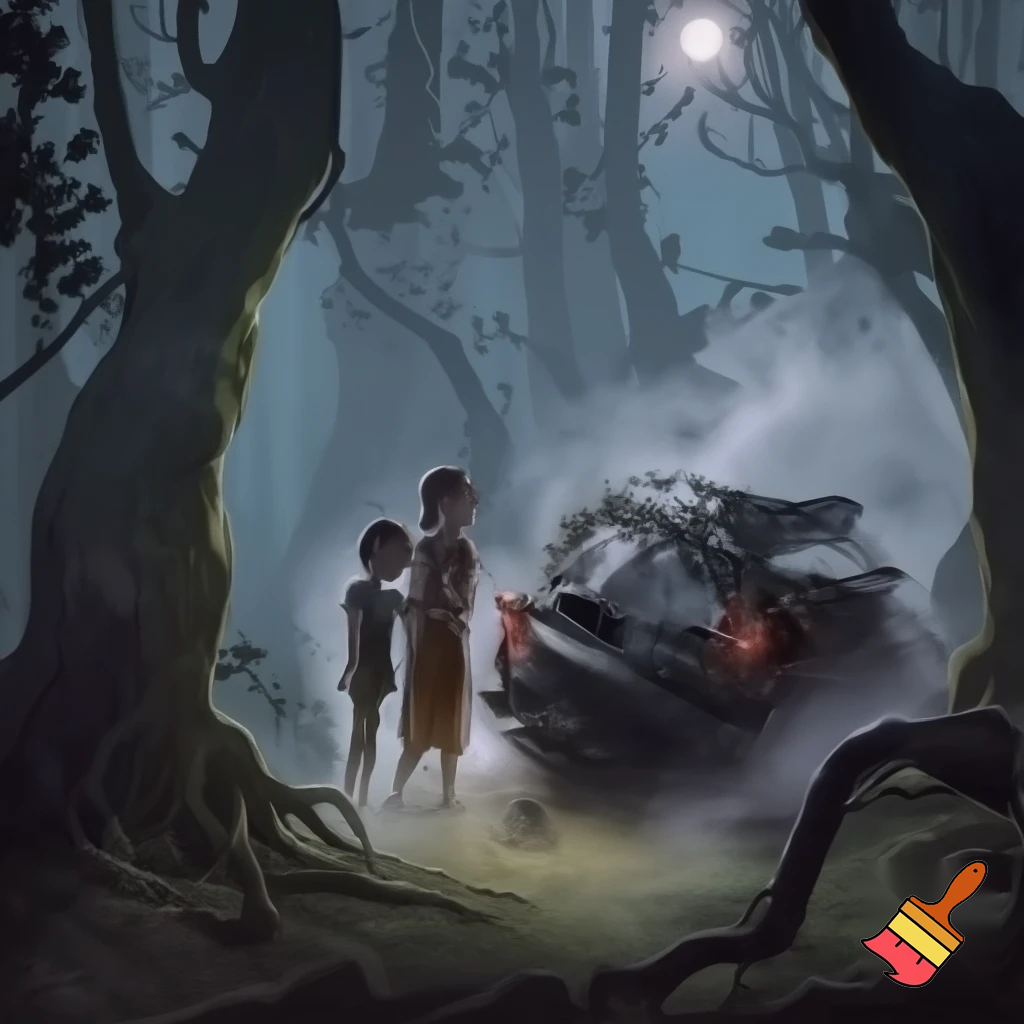 Draw me family that is lost in the first with a car crashed near them