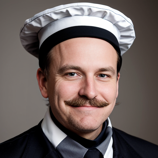 Na slici je portret muškarca u kuharskoj odori. Nosi visoku bijelu kuharsku kapu i bijelu uniformu, a oko vrata ima tamnu maramu. Ima gustu, sijedu bradu i brkove te blago nasmiješen, smiren izraz lica.

Slika je naslikana u impresionističkom stilu – potezi kista su vidljivi, a boje su mekane i svijetle, s prevladavajućim plavim i bijelim tonovima. Pozadina je jednostavna, svijetloplava, bez detalja, što dodatno ističe lik kuhara. Ukupan dojam je topao i živ, s naglaskom na karakter i izraz lica portretirane osobe.