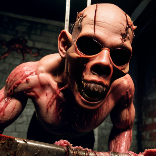 a blood-streaked industrial meat freezer, its frost-laced steel walls lined with human carcasses suspended from rusted hooks—some intact, others flayed open to reveal glistening viscera. At the center, a towering butcher in a stained apron looms, his face obscured by a tattered 1950s Frankenstein mask, its rubbery grin cracked to reveal glimpses of the demonic, yellow-eyed horror beneath. His cleaver drips black ichor onto the concrete floor, where a twisted imp squats amidst severed limbs, gnawing on a femur with needle-like teeth. The air is thick with the metallic stench of butchery, frozen breath curling from the demon-butcher's nostrils as he turns toward the viewer, his shadow stretching unnaturally across the hanging corpses like a promise of slaughter.