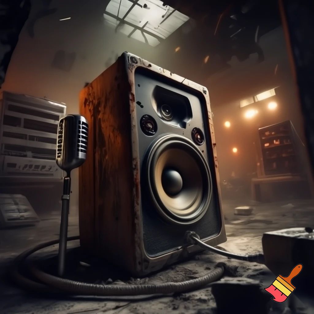 Disegna uno speaker su di una postazione radio moderna in un ambientazione post apocalittica. Lo speacer è steso nella postazione con un microfono conficcato in testa