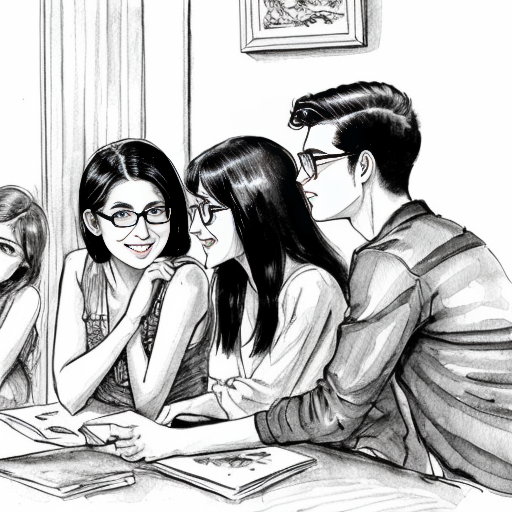 black and white manga style illustration, Indian Christian girl meeting 4–5 guy friends of her best friend for the first time, emotional and cute atmosphere, modern city setting, heroine looking at a tall boy with short straight hair and rectangle glasses, shy smile, expressive eyes, detailed ink line art, Japanese manga style, cinematic composition, manga panel layout, no color