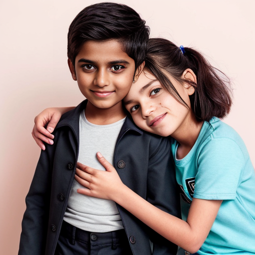 n Indian boy holding an Indian girl with his hands. 
The girl gently kisses the boy’s forehead. 
They both look like 21-year-old college students. 
The boy wears a light green shirt and black pants. 
The girl wears black pants, a sky blue top, and a black coat with shortand button closed . 
The girl’s skin tone is slightly darker than the boy’s. 
Background: a room with a plain white wall. 
The girl’s hair is tied neatly, like in a uniform style. 
Style: soft watercolor painting. 
Aura glow: pastel aura (pink + blue mix)