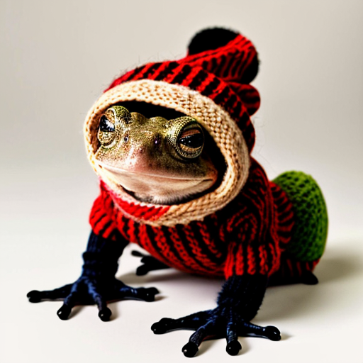 A laughable, puzzled animal toad in woolen, multicoloured winter clothings with woolen winter cap. Hyperrealistic art style.