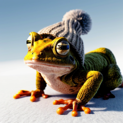 A laughable, puzzled animal toad in woolen, multicoloured winter clothings with woolen winter cap. Hyperrealistic art style.