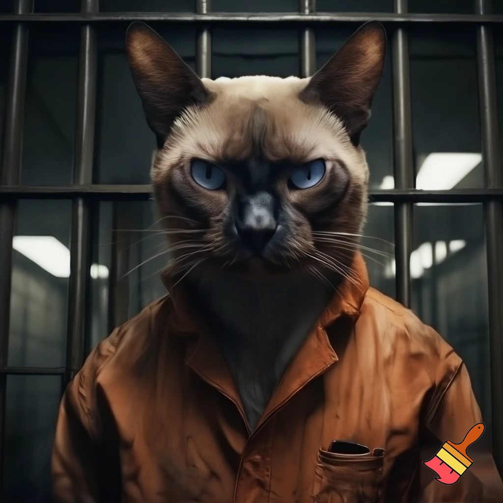 evil sinister scary strong cat in a police mugshot staring dim lights jail suit