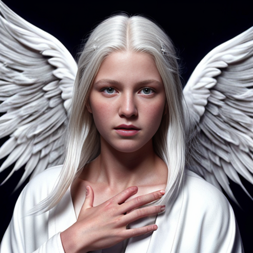 beautiful pale-skinned white-haired angel in white robes with white feathery wings