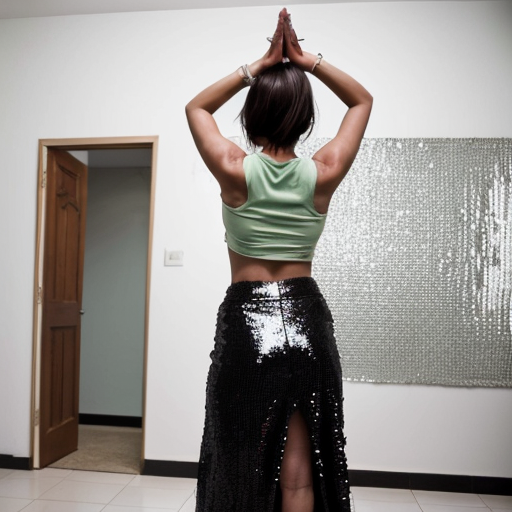 "A realistic, full-body photo of a female model posing indoors in front of a large, leaning rectangular mirror. She is wearing a sparkling, sage-green sleeveless sequined crop top and a long black skirt with high thigh slits. Her arms are raised with both hands behind her head, elbows pointing out, and she is looking slightly to the side. The mirror reflects the back of her outfit. The room has plain white walls and a black-and-white geometric tiled floor. Natural lighting, high definition."
