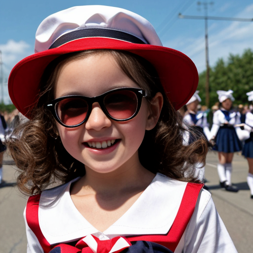 Cute adorable niña Chilindrina glasses con hair lazo curly con verano sailor uniforme escolar con zapatos negros escolar con calcetines blancos con sombrero sailor con grupal con caminar con desfile Estados Unidos América bandera con ciudad 45