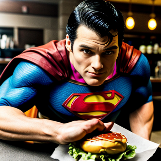 superman staring down a burger