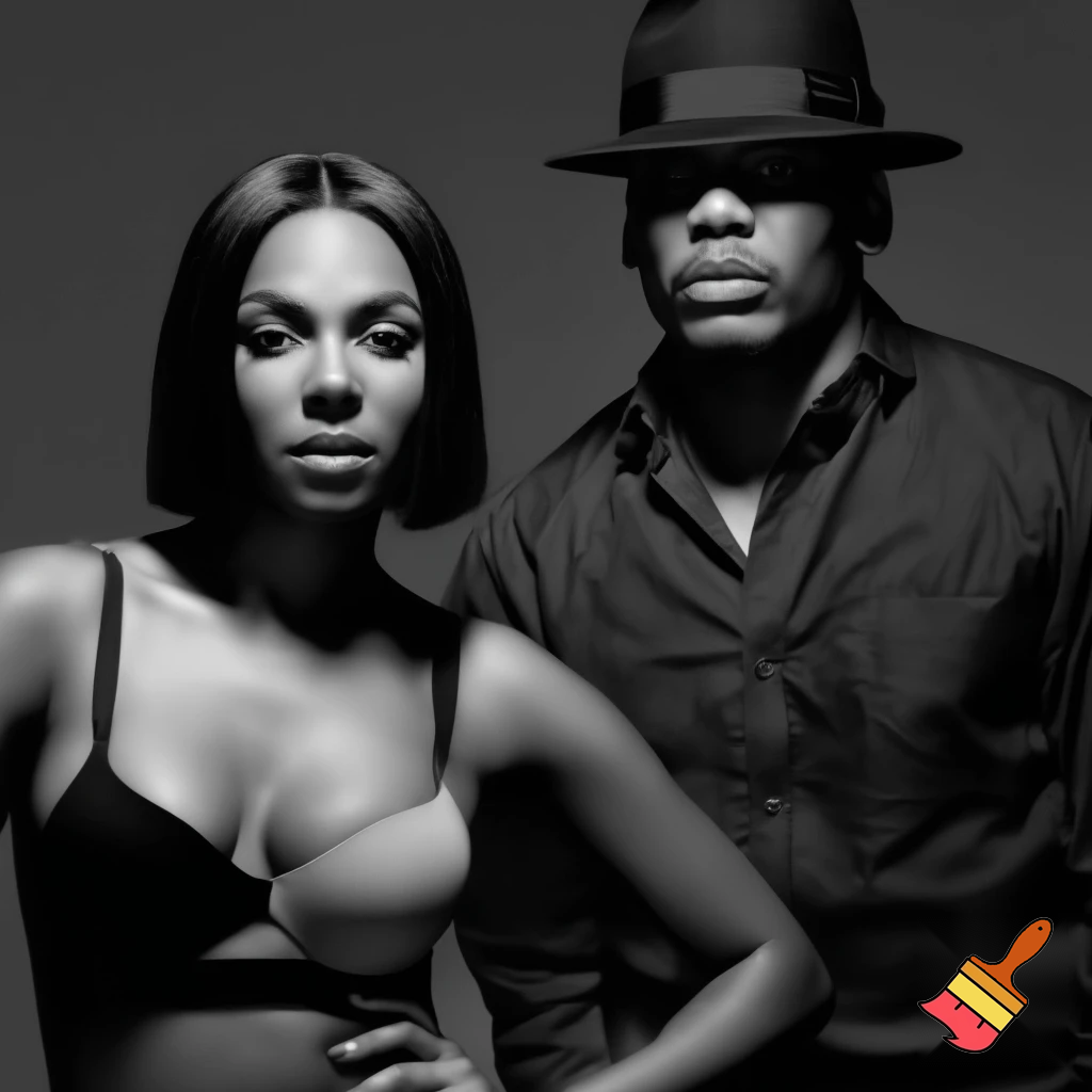 Black and white vogue photograph of Ashanti with a black sleek middle part bob hair wearing a grey and black bra and Nelly wearing a hat and button up shirt 