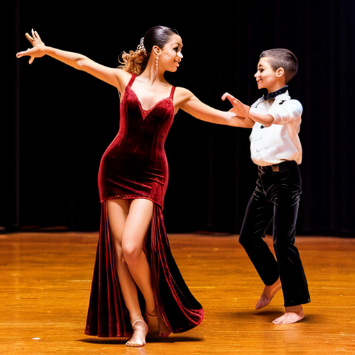 Mom dancing with group of boys a latin dance.she is wearing velvet leg slit dress.red rose on her hair.