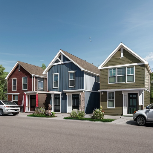Generate an suburban neighborhood with one main rectilinear street and smaller, local streets separating off of it in a curved, varied manner. The urban space should have small street blocks with 5 or 6 uniform rectangular parcels and an interstate highway running along the edge of the neighborhood. Parcels should contain small square buildings and green garden areas behind them. Buildings should be mainly vernacular residential buildings (small homes) of about 2-3 floors with 2 or three small-scale commercial businesses on every other corner along the main street. 