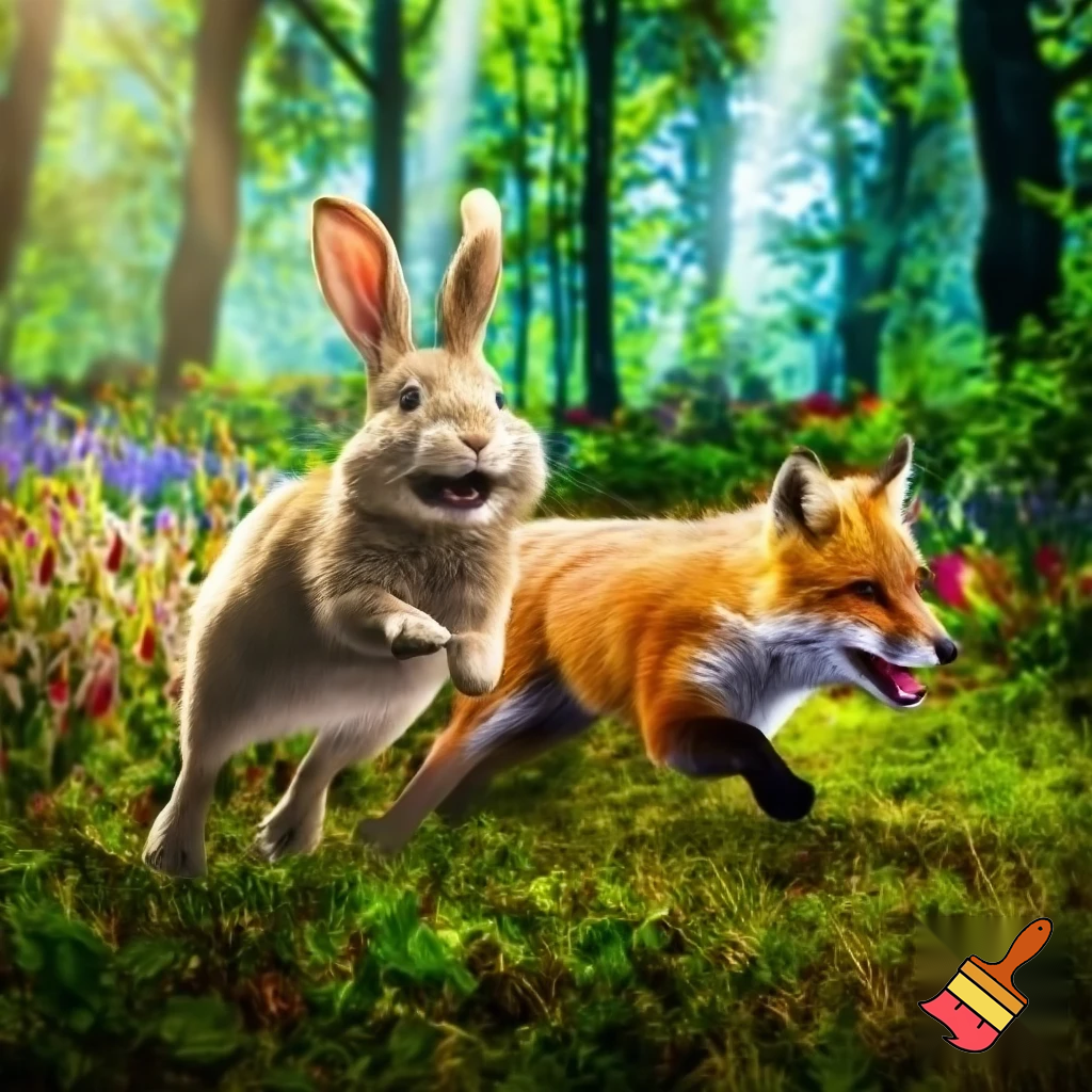 "Cartoon style illustration of the same rabbit now smiling and running playfully alongside the friendly red fox in a vibrant, colorful forest. Sunlight, flowers, trees, and bushes in background, joyful and lively mood. Both characters same as in previous scenes, showing happiness, friendship, and courage."