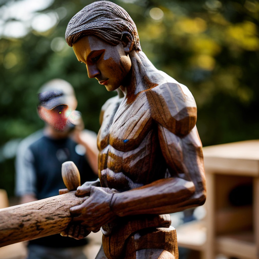 Hyper-realistic documentary style photograph of a teenage wood sculptor carving a life-size full-body wooden statue (9:16 scale) of [Black adam ], the statue is standing upright in a neutral pose, the statue is the same height as the sculptor or slightly taller, full body visible from head to feet, realistic human proportions, extremely detailed wood grain, visible chisel marks, carved clothing folds, the sculptor is standing close and working on the statue’s leg area using a hammer and chisel, outdoor rustic workshop, wooden logs and planks around, sawdust and wood shavings scattered everywhere, natural soft sunlight, cinematic bokeh, natural shadows, realistic earthy tones, Nikon DSLR photo, 85mm lens, f/1.8 depth of field, ultra sharp focus on the statue and the sculptor hands, 8K realism, professional documentary photography, no text, no watermark