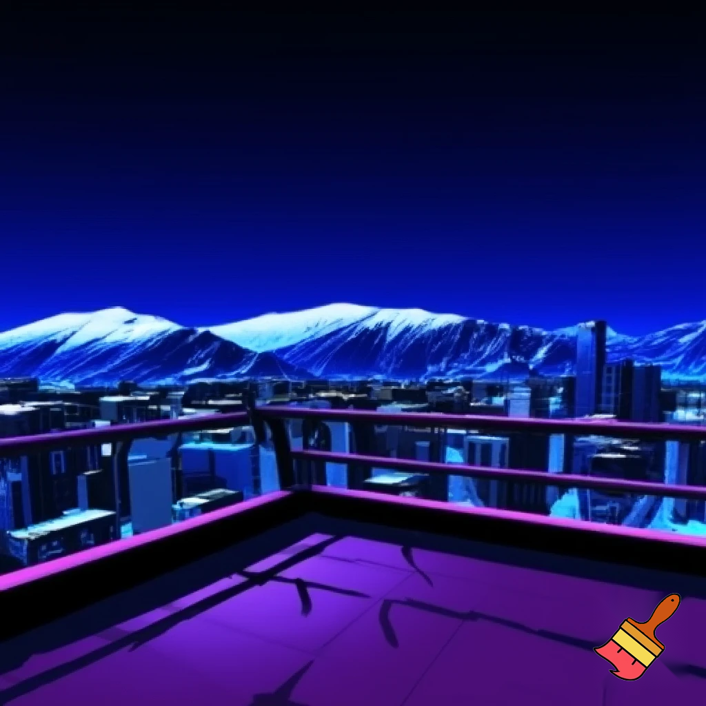 create a landscape background 



Style: anime teaser, a mix of cyberpunk, steampunk and ethno motifs (PUNKVERSE)



Palette: deep cool neon blues/purples + warm brass-copper range for steampunk elements + white-snow accents in the background.



Description: Almaty at night, view from the roof (transition from Scene 7), but now without characters. An empty landscape.



Action: Focus on the city.



Visual: A scene on the roof / generalized observation deck of the city.