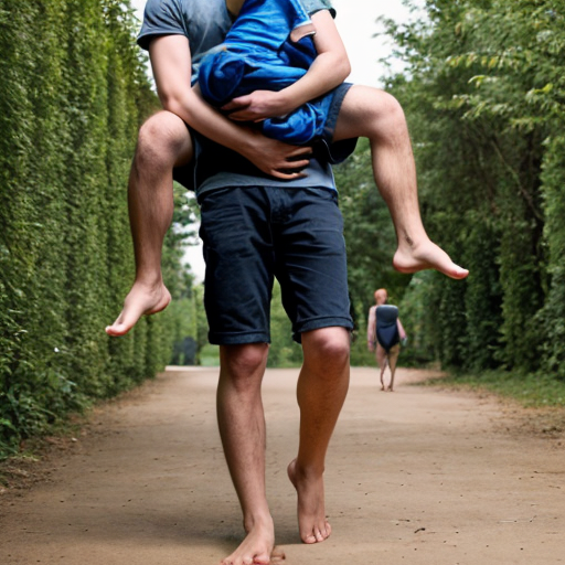 A barefoot young man carrying teenage boy while standing on tiptoes