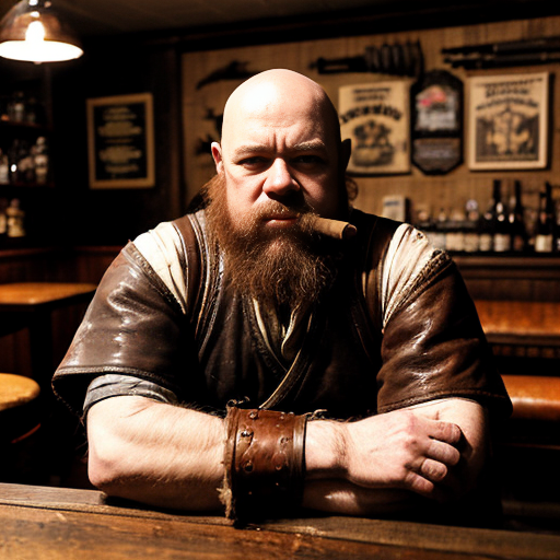 short far dwarf. gunslinger. cigar. sitting at the counter on chair in tavern and sipping a pint. bald. red beard. rough atmosphere. kilt. musket on the table. rugged leather armor. angry. harsh drawn style