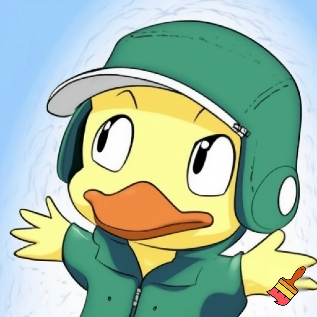 pato, feliz, desenho estilo anime, cor verde, roupa de pescador