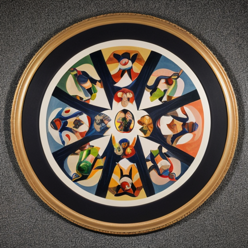 Put surreal Features in a circle consisting of multiple abstract figures in  Miro  and Matisse style