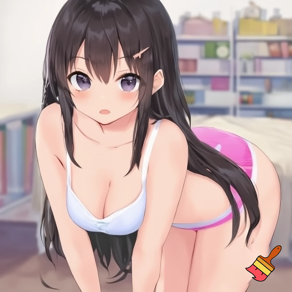 Anime girl so cool and cute with underwear clothes but her waist is so red and she is touching it make is so anime