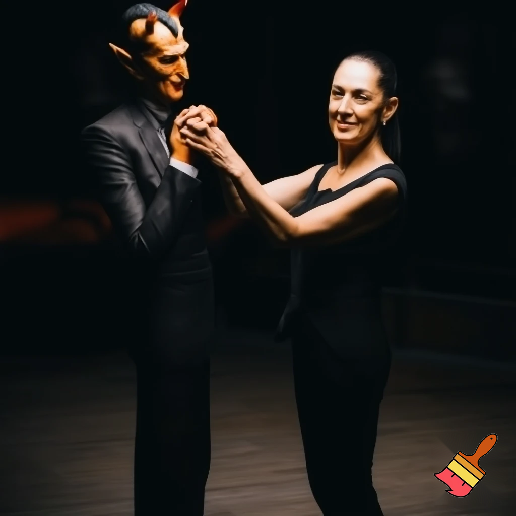 claudia sheinbaum holding hands with the devil and smiling, full body, 