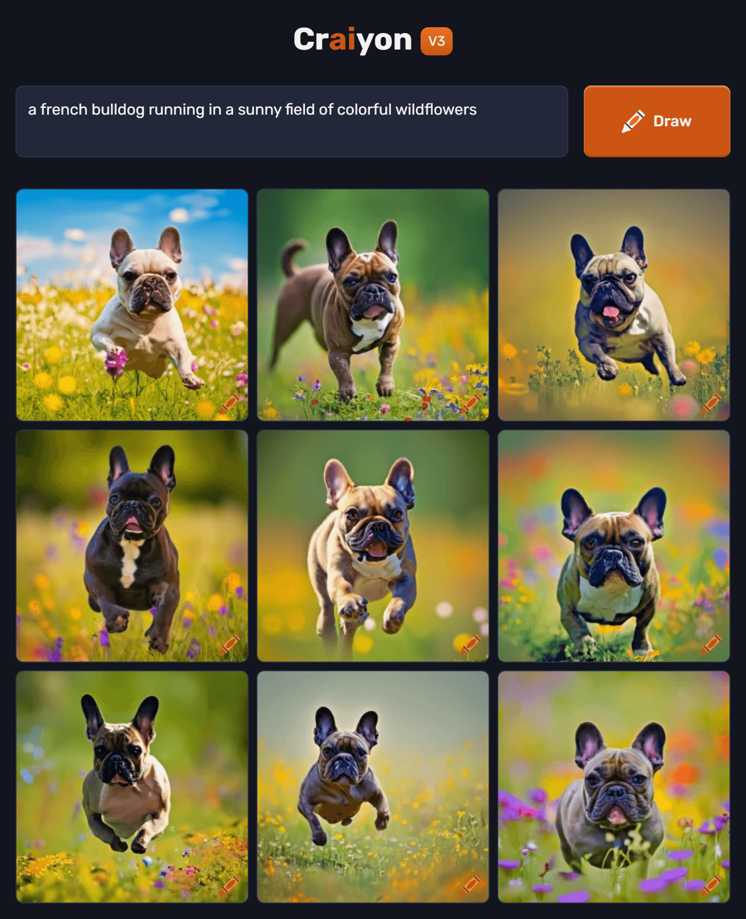 Detailed AI prompt example. Prompt: a french bulldog running in a sunny field of colorful wildflowers // Negative Words:  // Crayon AI Model: Art