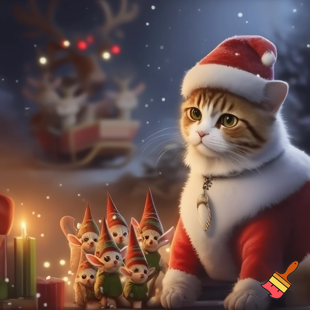 A cat in a Santa Claus costume, elf kittens in the background, reindeer in a sleigh