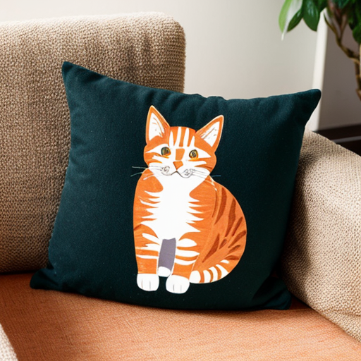 A fluffy orange cat sleeping on a soft cushion, peaceful expression, warm cosy colours in cartoon style