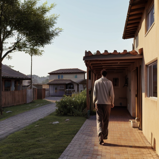 He is has just woken up. He gets out of bed in his boxes and walks through his house. He eventually walks outside. The morning breeze hits him