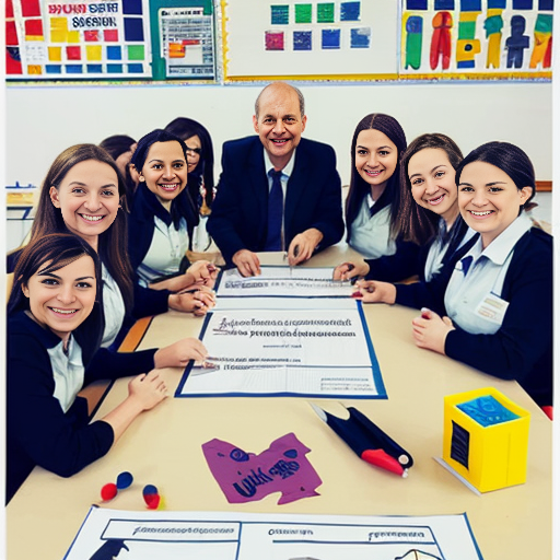 create school based Occupational Therapy team poster cartoon with 10 women and 1 man use scissors, glue, wheelchair,writing


