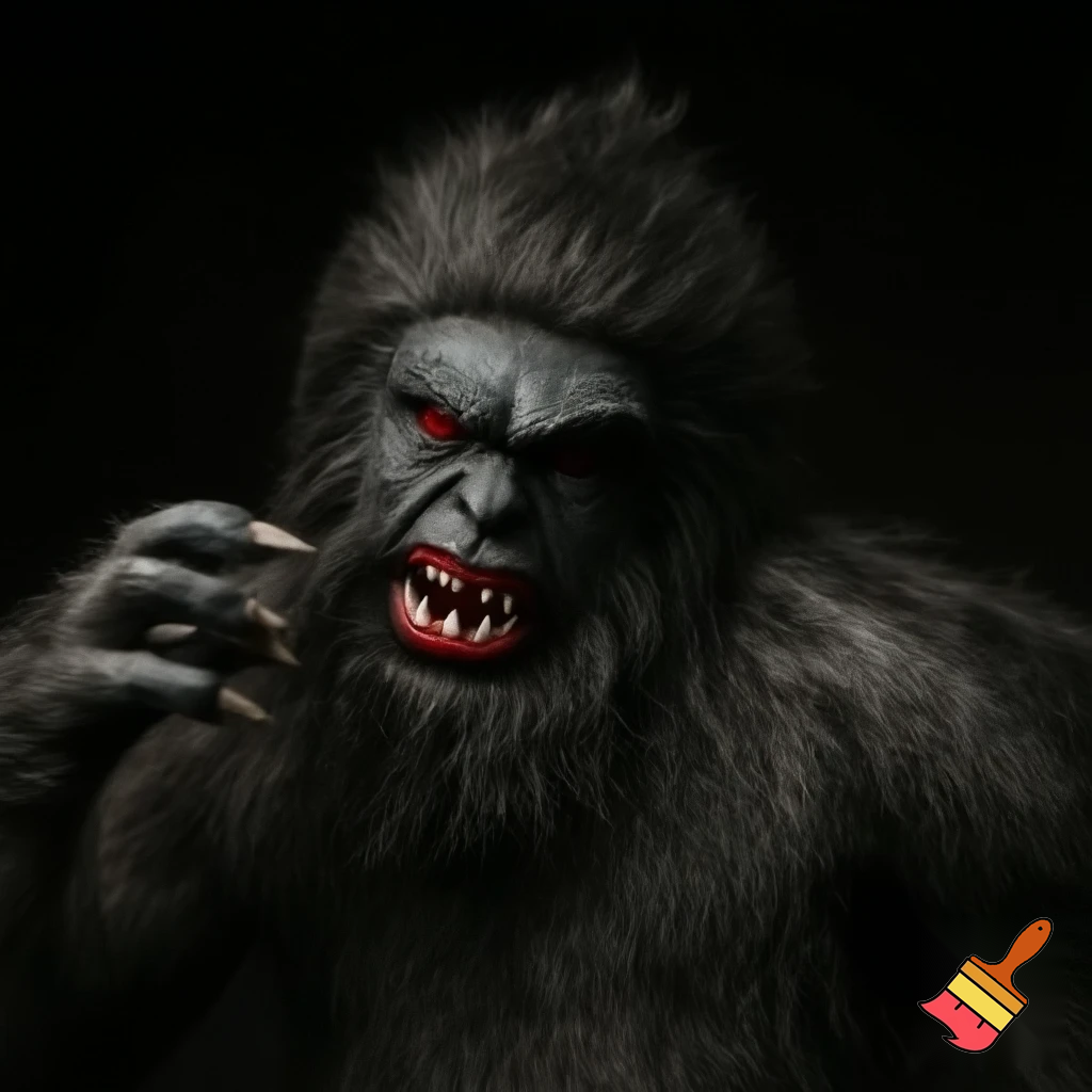 Yeti that kind of looks human is with red eyes, claws and fangs but looks kind 