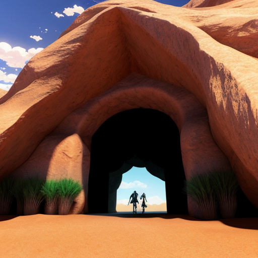 Colorize a desert Cave entrance arch with multiple abstract figures in Tanguy  style