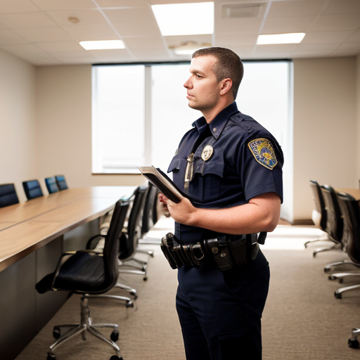 A calm, professional law enforcement officer standing slightly apart in a quiet moment of pause, hands resting naturally, posture relaxed but confident. Neutral daytime lighting, soft natural tones, no action or confrontation. The officer’s expression is thoughtful and composed, conveying self-awareness and control. Clean background with subtle depth of field, modern and realistic style. Warm, professional atmosphere suitable for a leadership or training presentation.