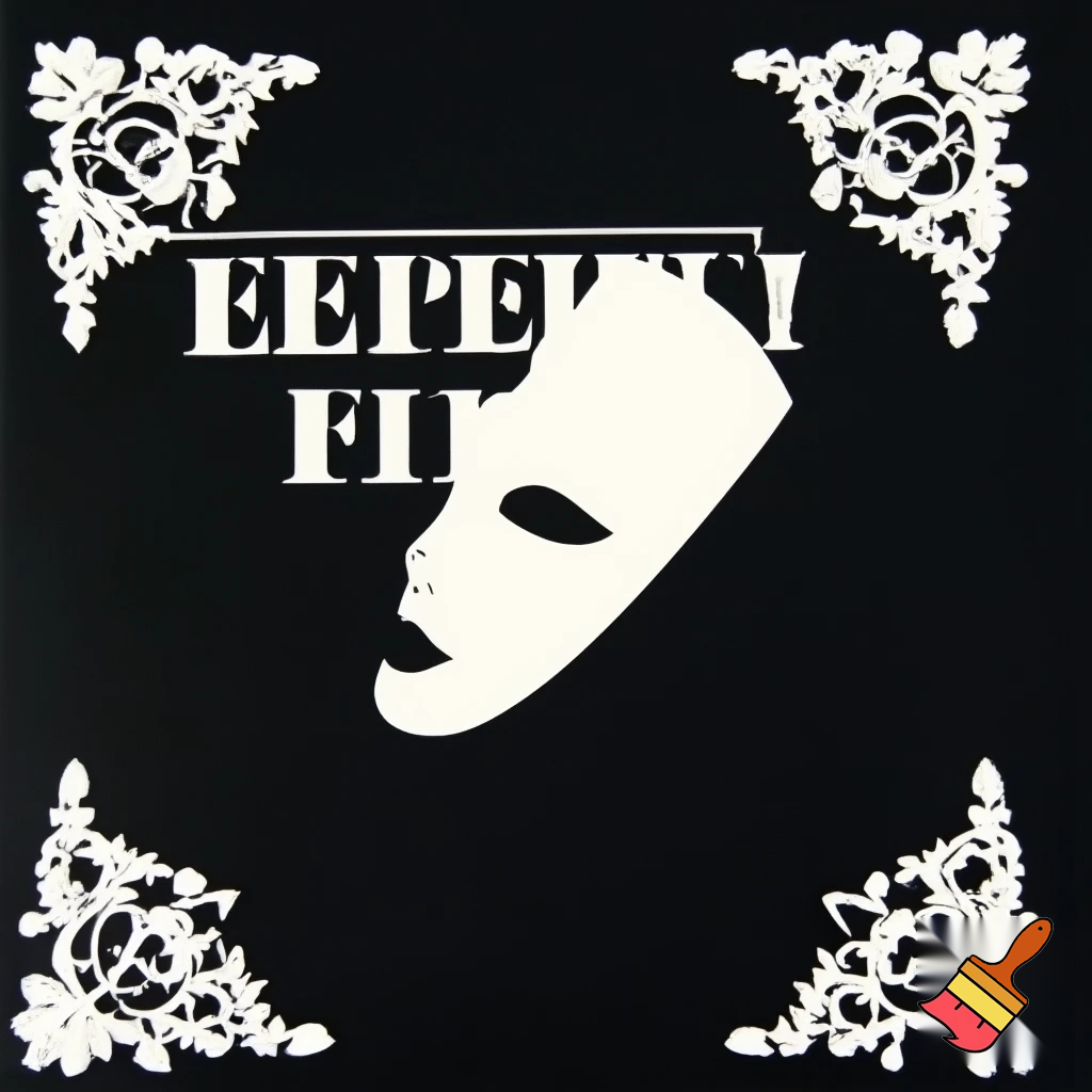 Poster: Solid flat Black and white colors. Black background, white serif letters: MEMOIRS OF A HARLEQUIN. White iron floral motifs around the corners of the poster. And big, tall, and wide flat color of white for the harlequin mask, behind the small white serif letters: Memoirs of a Harlequin. The mask is slightly leaning to the right and is nearly touching the corners of the poster's frame but does not go past and beyond the White iron floral motifs of the bottom left corner and the top right corner.