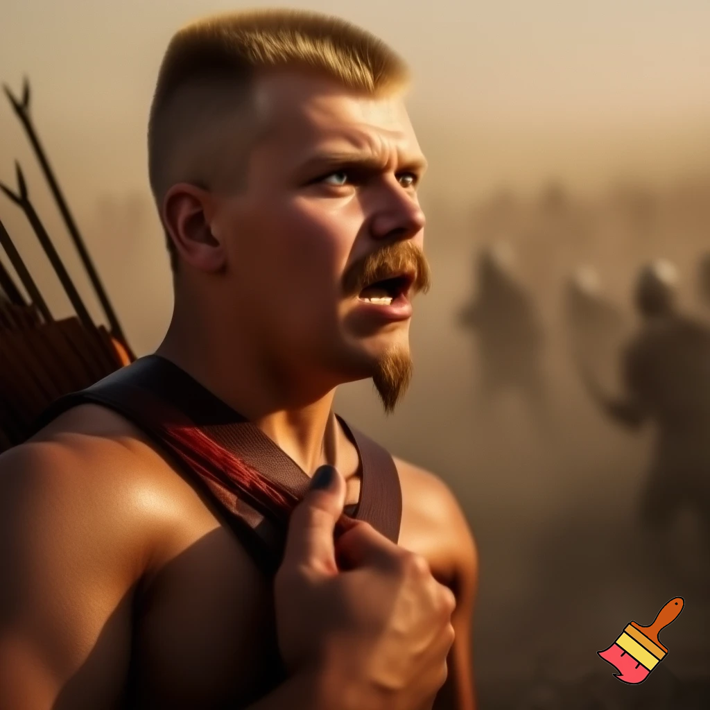 A realistic battlefield photograph of a muscular medieval archer with fair skin, shown from the waist up. He has a short blond flattop haircut, a pointed goatee connected to his mustache, and clean-shaven cheeks. He wears a leather strap across his chest and a full leather quiver of arrows on his back. He has a bloody arrow embedded in the left side of his chest, and his strong hand is gripping the shaft of the arrow near the wound. His expression shows pain and shock, and the background is filled with dust, blurred soldiers, and warm sunlight.