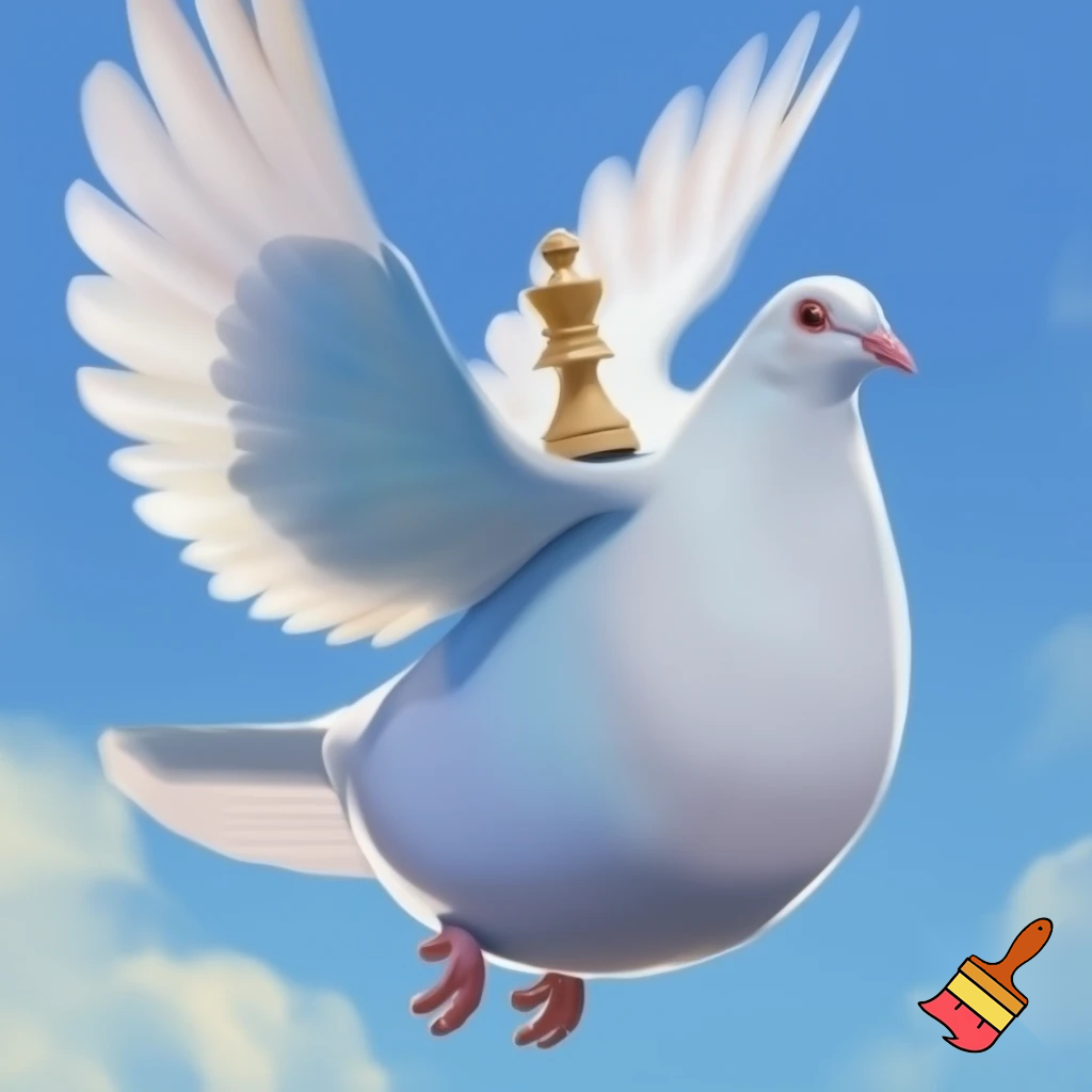 un fantino a cavalcioni di un enorme piccione bianco e blu