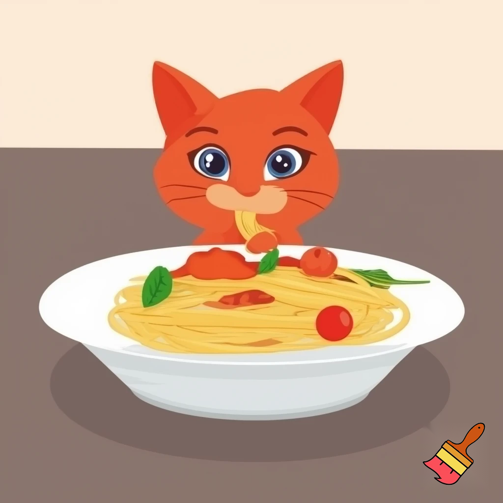 une image ne mode cartoon avec des gros yeux d'un petit chat roux femelle avec un petit sourire espiegle qui mange dans mon assiette de spaghetti bolognaise a table quand j'ai le dos tourné